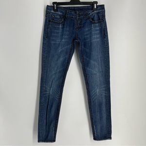 Buffalo David Bitton Jeans Womens 28 Dark Blue Black Patch Skinny Low Rose Denim